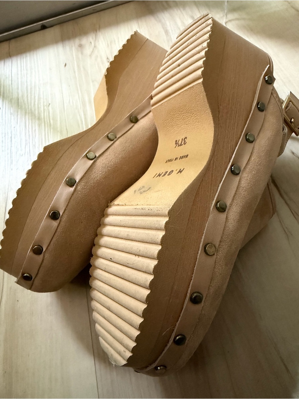 Neutral Suede Slingback Clogs with Studded Wood Platform - Picture 4 of 6